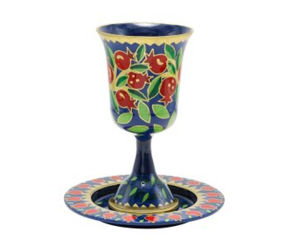 Yair Emanuel Hand Painted Stem Kiddush Cup, Swirling Pomegranates - Red