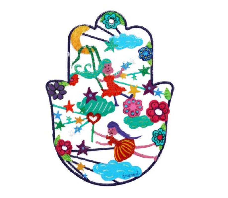 Yair Emanuel Hand Painted Wall Hamsa Enamel Finish, Medium - Colorful Fairies