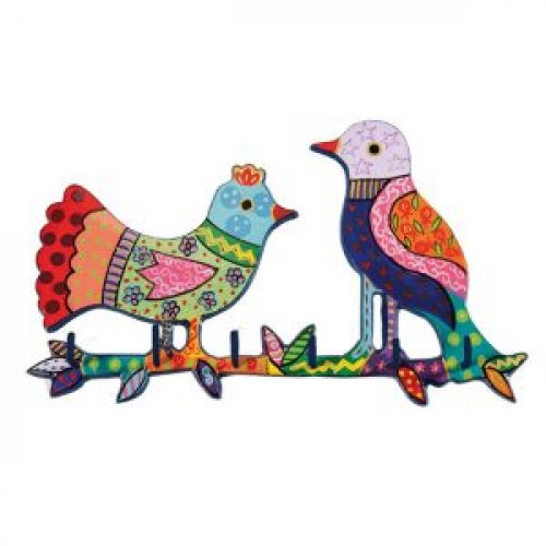 Yair Emanuel Hand Painted Wall Hanging with Key Holder - Colorful Birds
