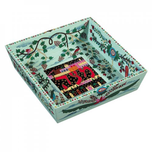 Yair Emanuel Hand Painted Wood Blue Matzah Tray - Flowers and Birds