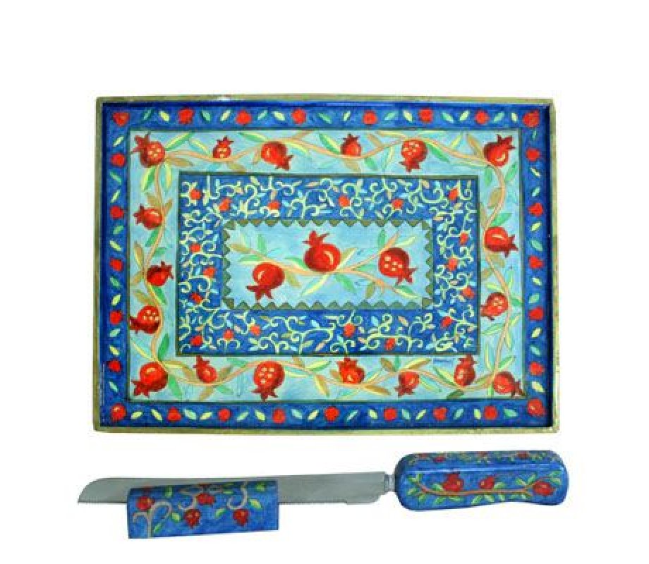 Yair Emanuel Hand Painted Wood Challah Board and Knife Set - Pomegranates