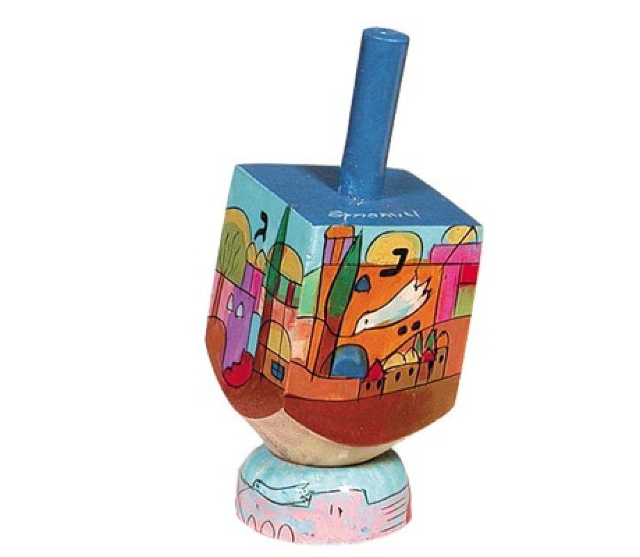 Yair Emanuel Hand Painted Wood Dreidel on Stand Small - Jerusalem Dove of Peace