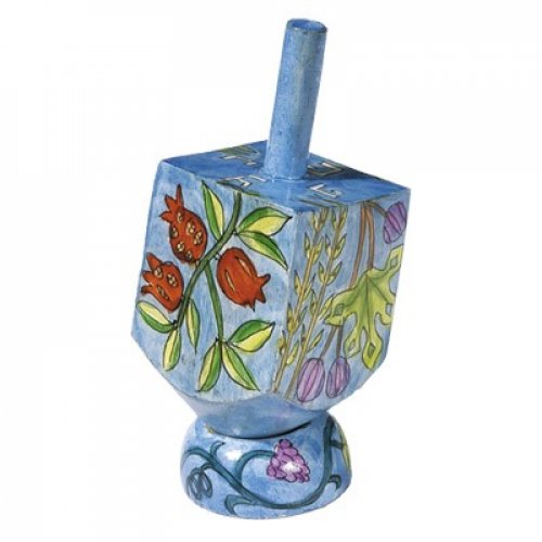 Yair Emanuel Hand Painted Wood Dreidel with Stand Blue Small - Seven Species