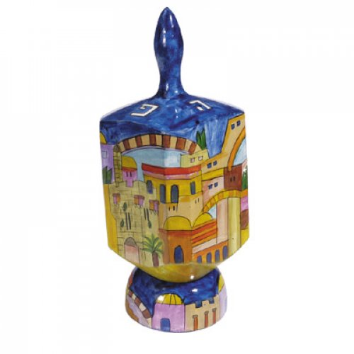 Yair Emanuel Hand Painted Wood Dreidel with Stand, Large - Jerusalem Design