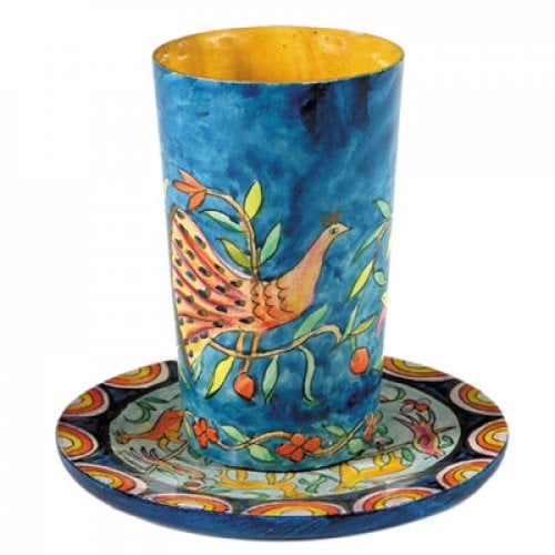 Yair Emanuel Hand Painted Wood Kiddush Cup Set with Peacock and More  Colorful