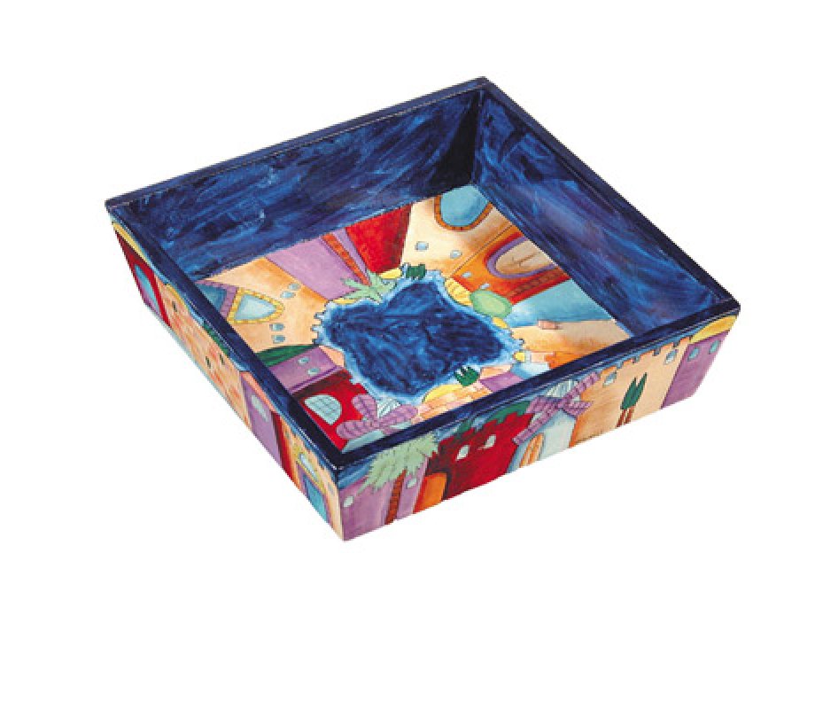 Yair Emanuel Hand Painted Wood Matzah Tray – Jerusalem Night Views