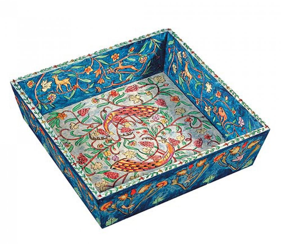 Yair Emanuel Hand Painted Wood Matzah Tray - Peacocks & Forest Scenes