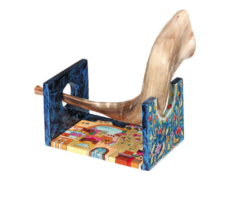 Yair Emanuel Hand Painted Wood Rams Shofar Stand, Small - Jerusalem Views