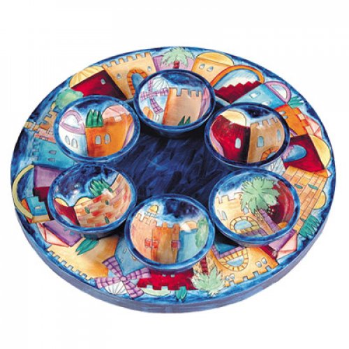 Yair Emanuel Hand Painted Wood Seder Plate with Bowls - Jerusalem Views