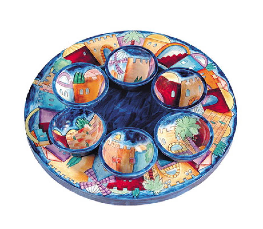 Yair Emanuel Hand Painted Wood Seder Plate with Bowls - Jerusalem Views