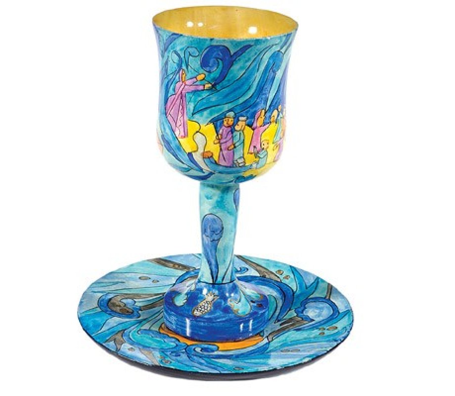 Yair Emanuel Hand Painted Wood Stem Kiddush Cup and Plate - Exodus