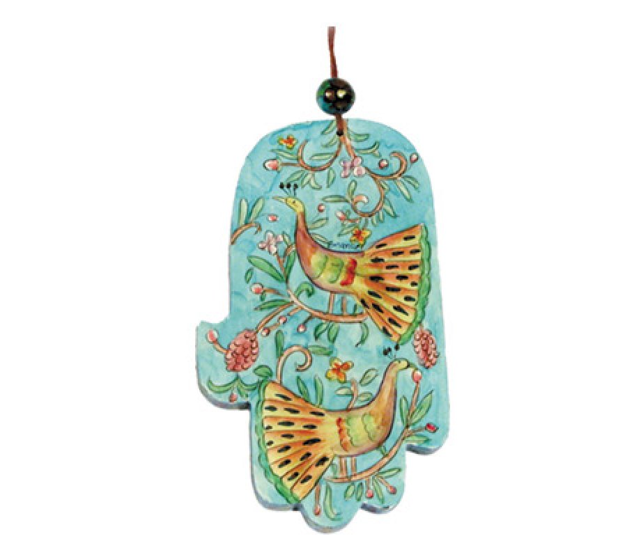 Yair Emanuel Hand Painted Wood Wall Hamsa - Colorful Peacocks