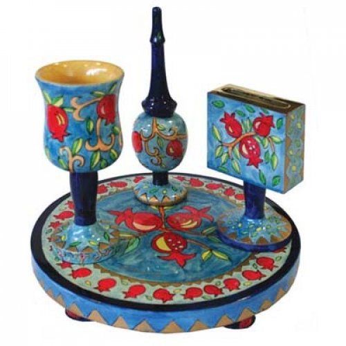 Yair Emanuel Hand-Painted 4-Piece Wood Havdalah Set, Blue - Pomegranates