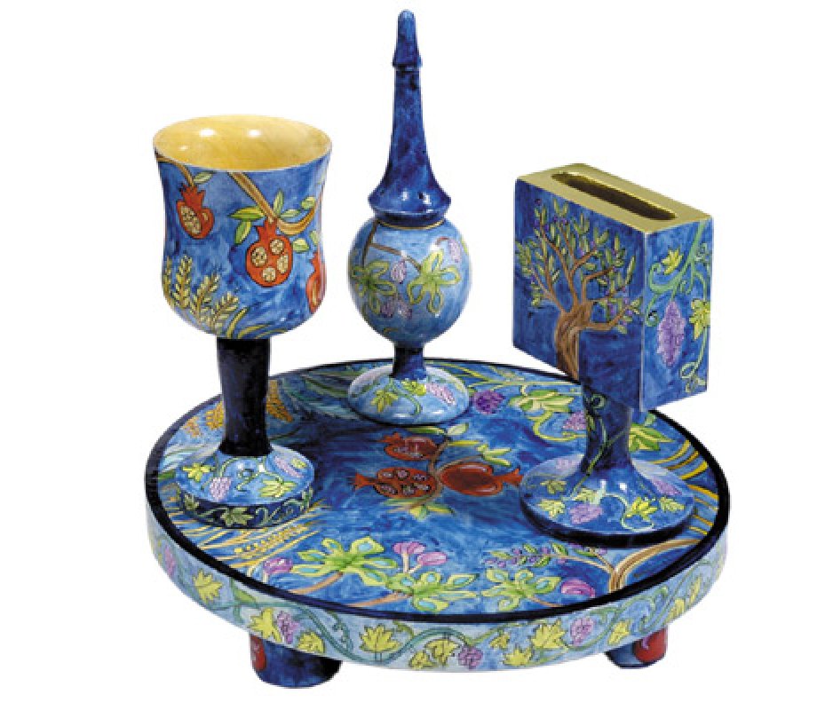Yair Emanuel Hand-Painted 4-Piece Wood Havdalah Set, Blue - Seven Species