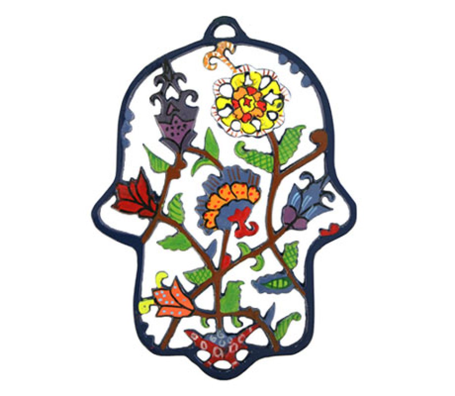 Yair Emanuel Hand-Painted Colorful Laser Cut Wall Hamsa - Flowers