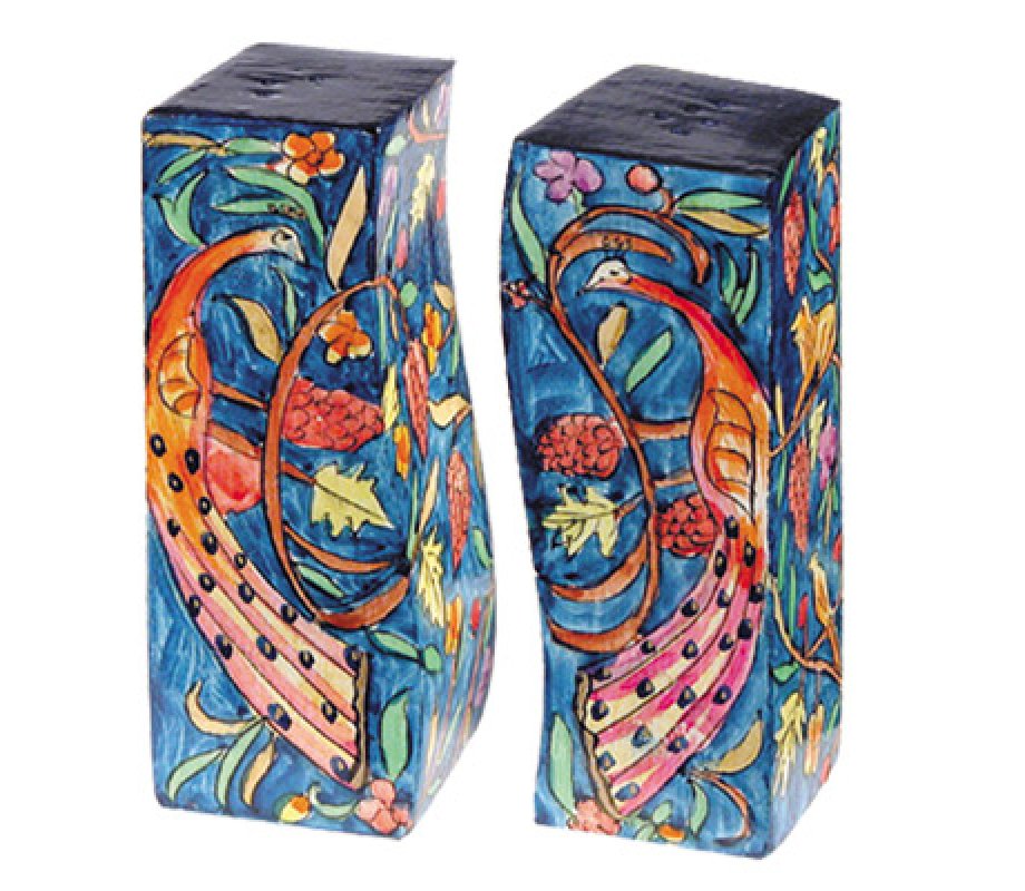 Yair Emanuel Hand-Painted Peacock Design Wood Fitted Salt & Pepper Shaker