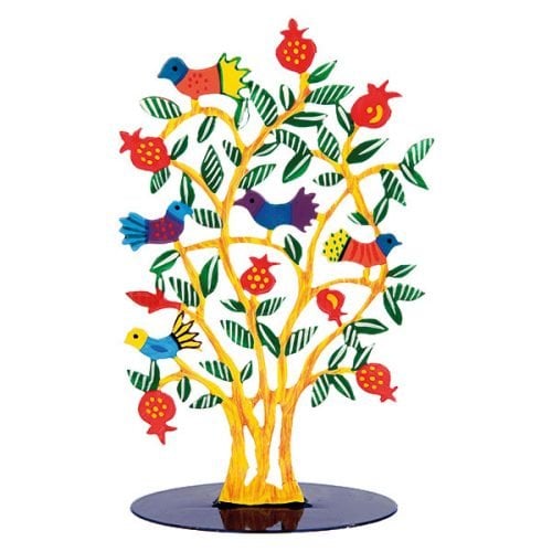 Yair Emanuel Hand-Painted Standing Sculpture - Gold Tree, Pomegranates and Birds