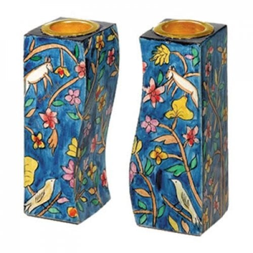 Yair Emanuel Hand-Painted Wood Fitted Candlesticks - Forest Scene