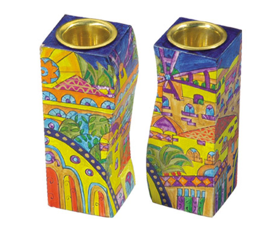 Yair Emanuel Hand-Painted Wood Fitted Candlesticks - Golden Jerusalem