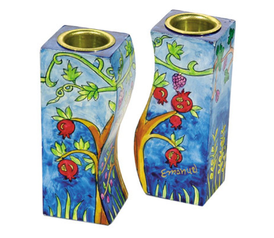 Yair Emanuel Hand-Painted Wood Fitted Candlesticks - Pomegranates