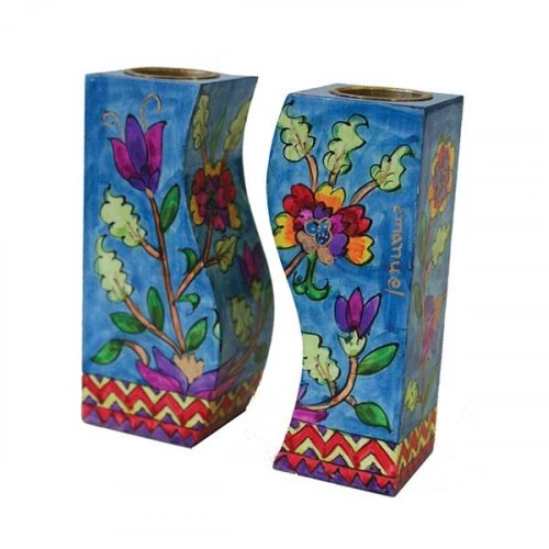 Yair Emanuel Hand-Painted Wood Fitted Candlesticks, Blue - Flowers