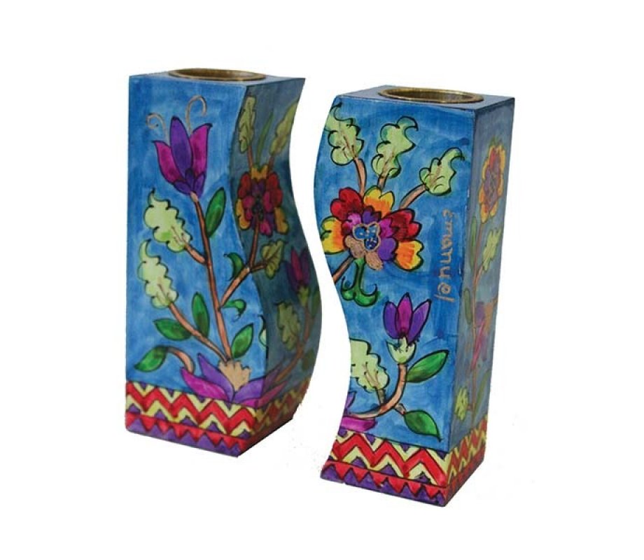 Yair Emanuel Hand-Painted Wood Fitted Candlesticks, Blue - Flowers