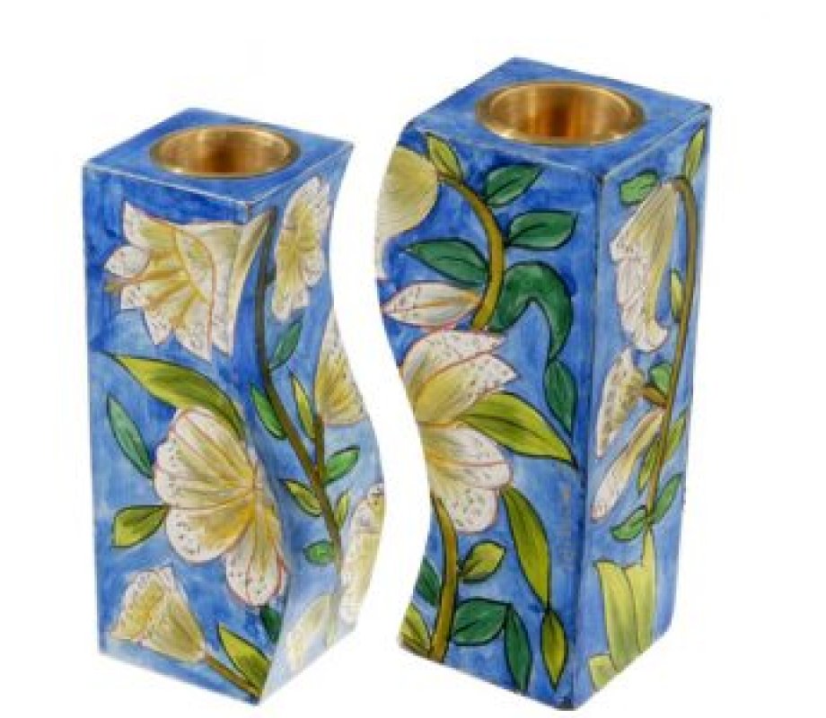 Yair Emanuel Hand-Painted Wood Fitted Candlesticks, Blue - White Flowers