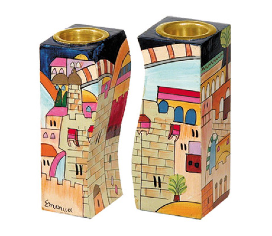 Yair Emanuel Hand-Painted Wood Fitted Candlesticks, Colorful - Jerusalem Views