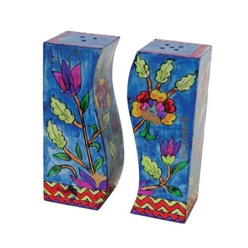 Yair Emanuel Hand-Painted Wood Fitted Salt & Pepper Shaker - Lively Flowers