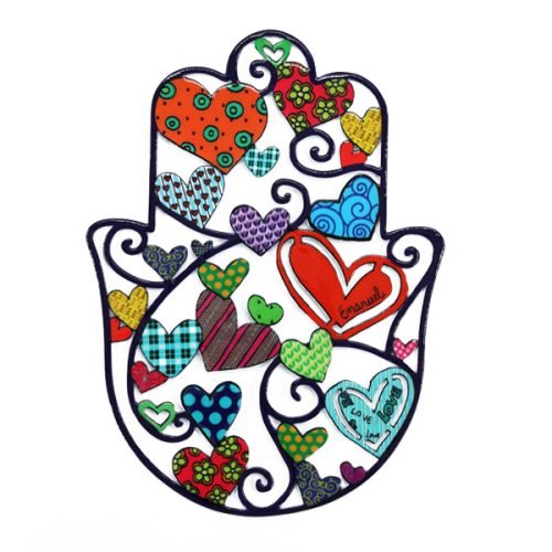 Yair Emanuel Handpainted Medium Wall Hamsa, Enamel Finish  Colorful Hearts