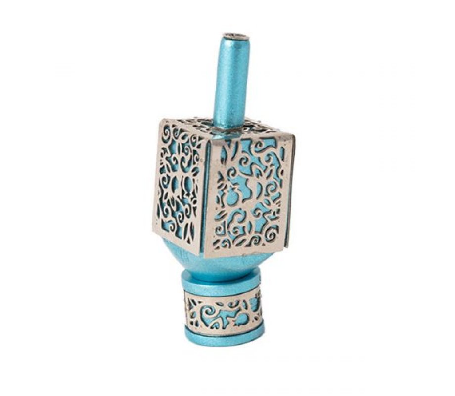 Yair Emanuel Hanukah Dreidel and Stand, Cutout Pomegranates - Silver on Turquoise
