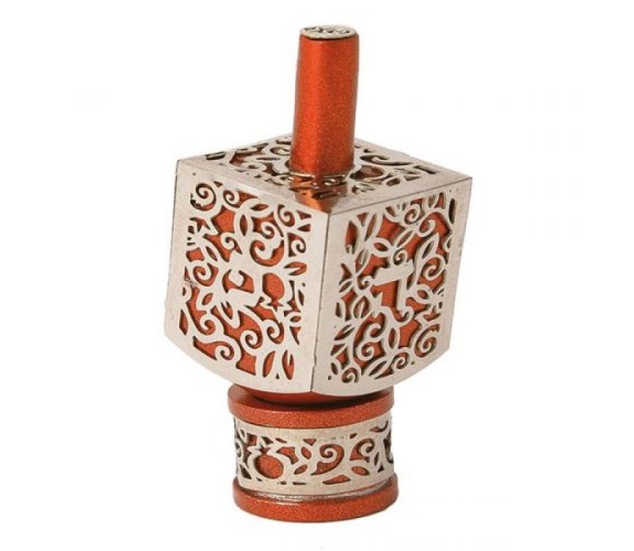 Yair Emanuel Hanukkah Dreidel Cutout Pomegranates - Silver on Orange