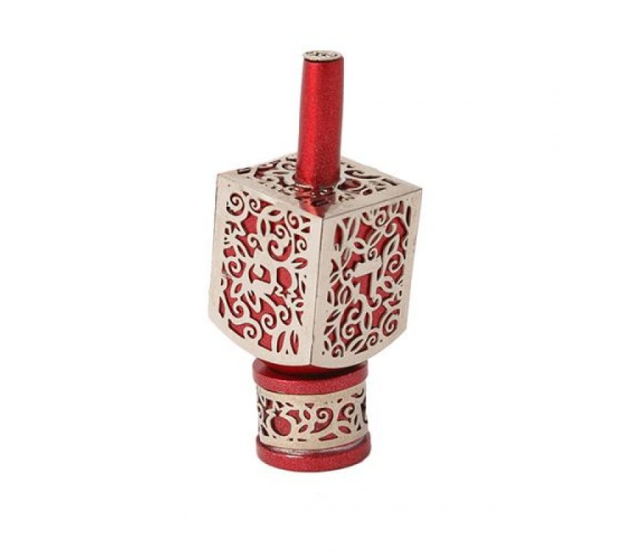 Yair Emanuel Hanukkah Dreidel on Stand, Cutout Pomegranates - Silver on Red