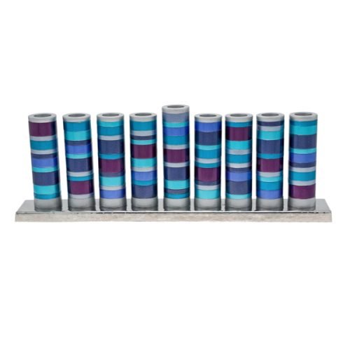Yair Emanuel Hanukkah Menorah, Cylinders with Rings  Blue