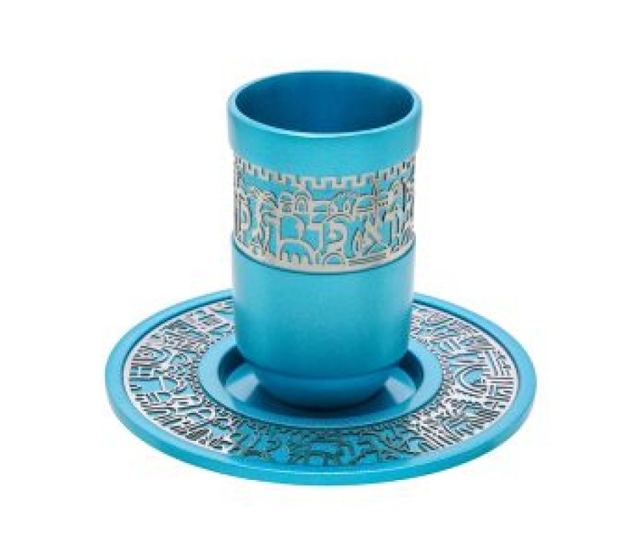 Yair Emanuel Kiddush Cup Set, Jerusalem Images with Blessing Words – Turquoise