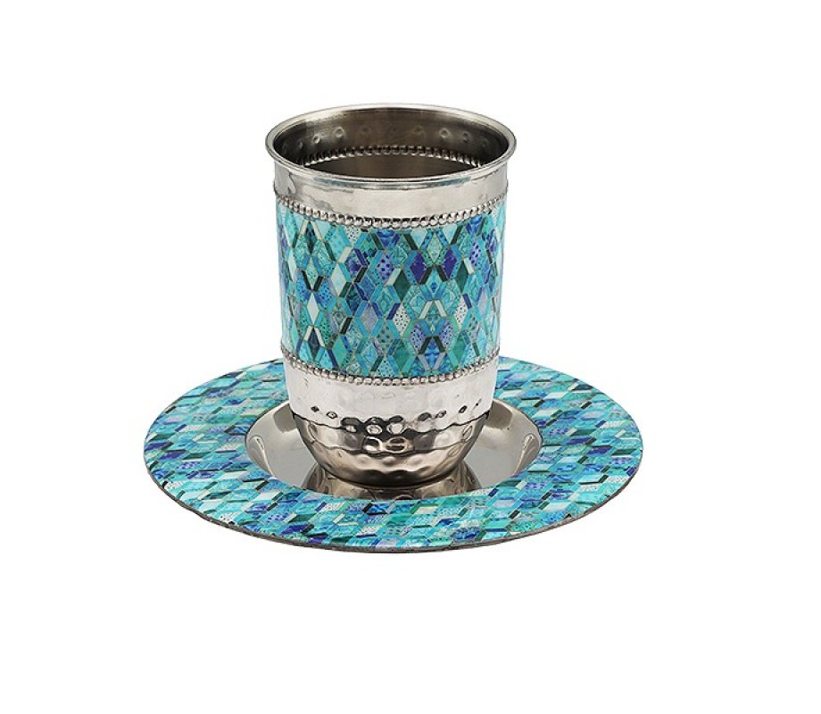 Yair Emanuel Kiddush Cup Set, Metal with Blue Enamel Abstract Design