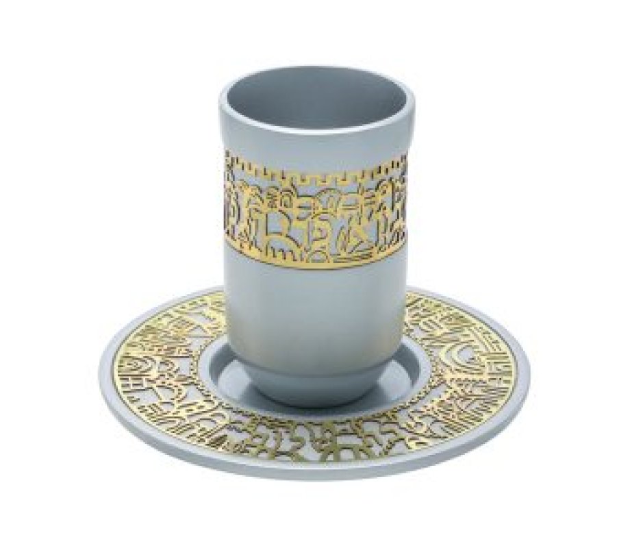 Yair Emanuel Kiddush Cup and Plate, Jerusalem Images with Blessing Words – Gray