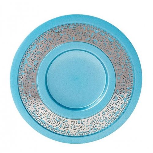 Yair Emanuel Kiddush Cup and Plate, Silver Jerusalem Overlay - Turquoise