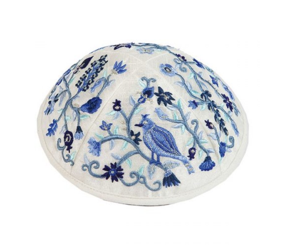 Yair Emanuel Kippah, Embroidered Birds and Flowers - Blue