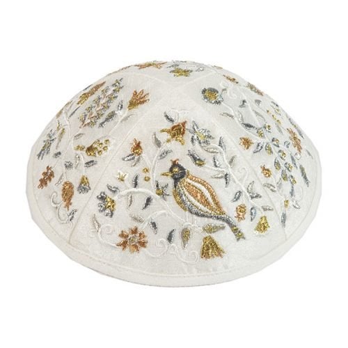 Yair Emanuel Kippah, Embroidered Birds and Flowers - Gold and Silver