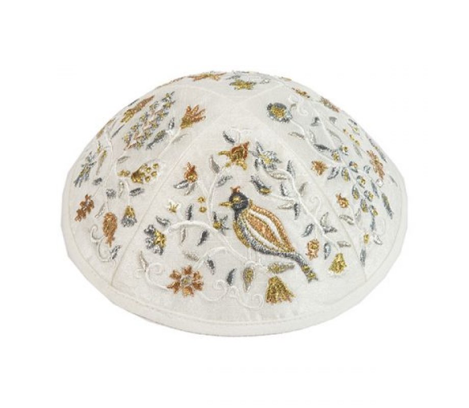 Yair Emanuel Kippah, Embroidered Birds and Flowers - Gold and Silver