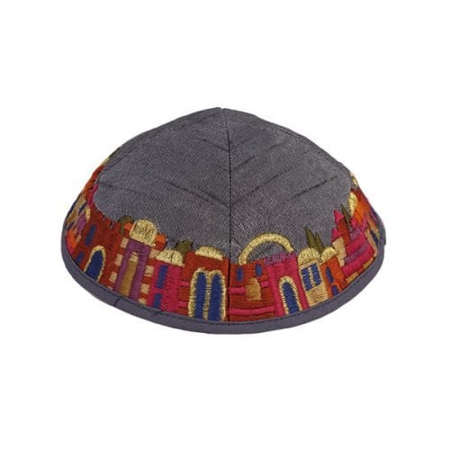 Yair Emanuel Kippah, Embroidered Colorful Jerusalem Images - Gray