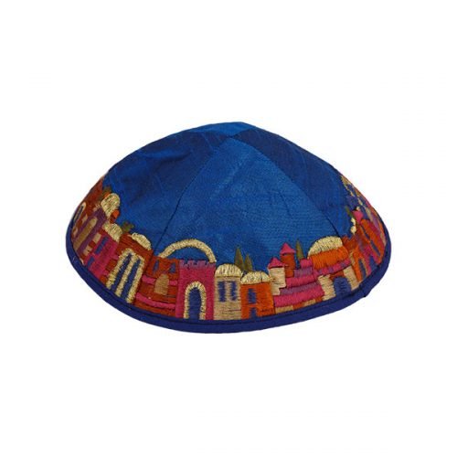 Yair Emanuel Kippah, Embroidered Colorful Jerusalem Images - Royal Blue
