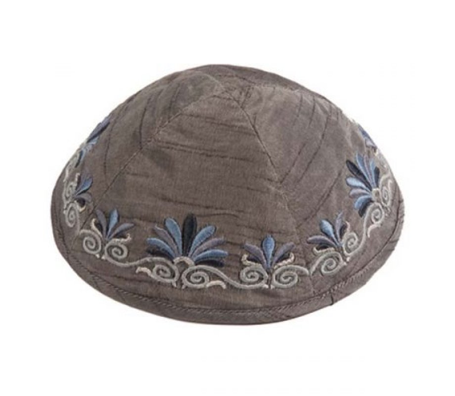 Yair Emanuel Kippah, Embroidered Date Palm Design - Gray