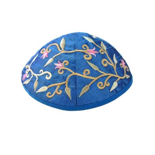Yair Emanuel Kippah, Embroidered Flowers and Leaves - Blue