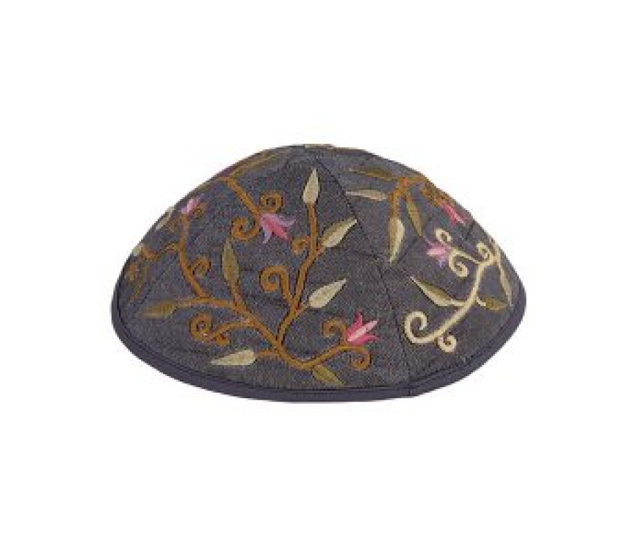 Yair Emanuel Kippah, Embroidered Flowers and Leaves - Gray