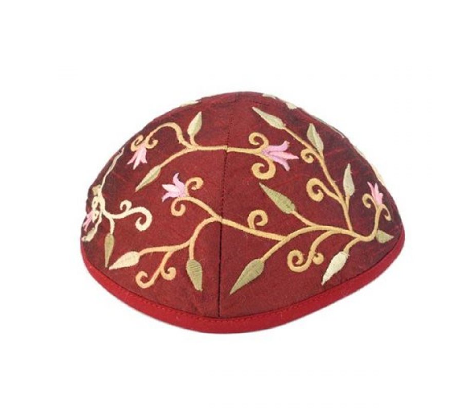 Yair Emanuel Kippah, Embroidered Flowers and Leaves - Maroon