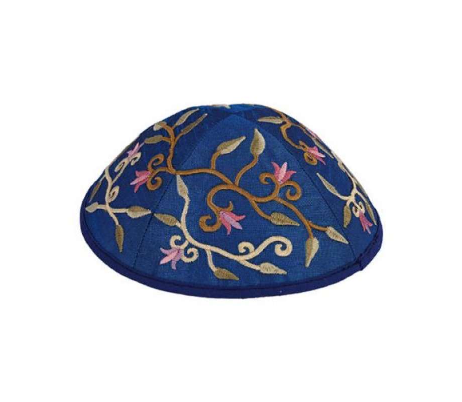 Yair Emanuel Kippah, Embroidered Flowers and Leaves - Royal Blue