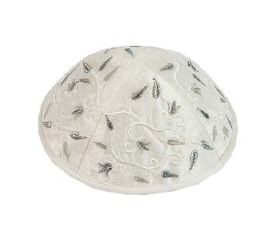 Yair Emanuel Kippah, Embroidered Flowers and Leaves - Silver