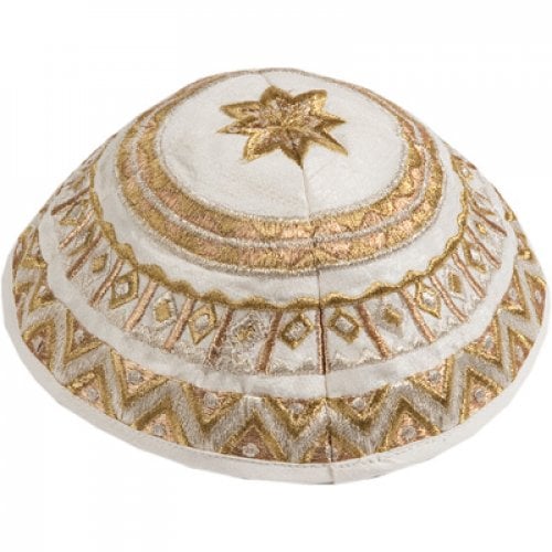 Yair Emanuel Kippah, Embroidered Geometric Designs - Gold and Silver